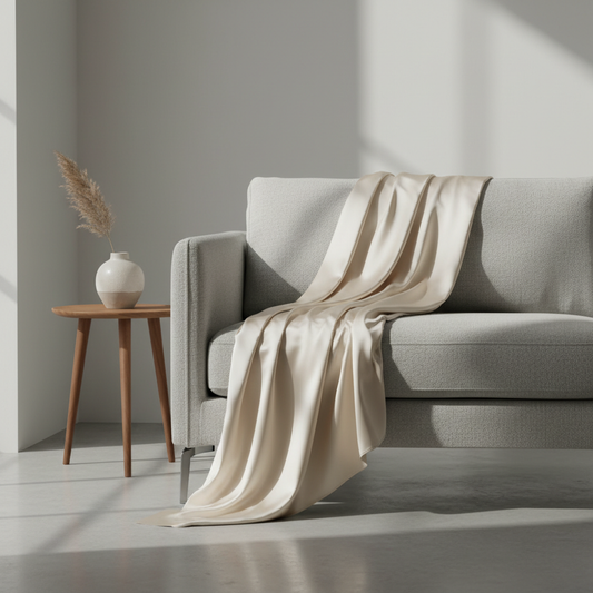 Luxury silk cushion cover in ivory on a minimalist sofa